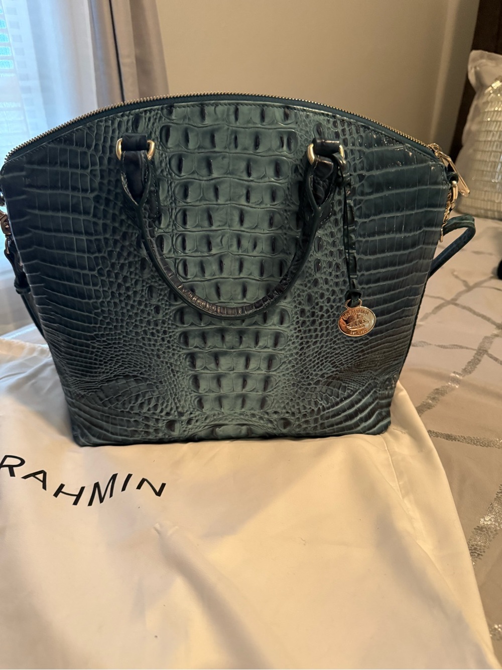 Brahmin Teal Croc-Embossed Satchel with Gold Hardware